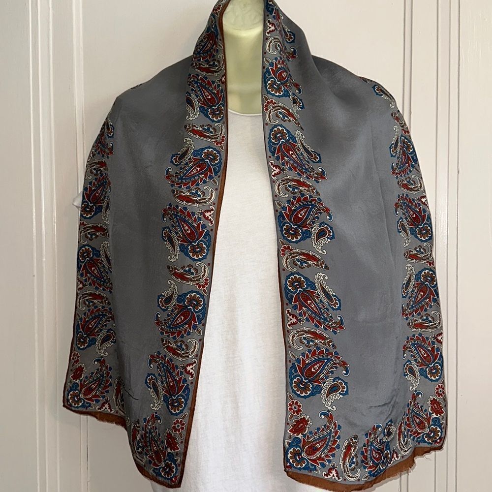 Vintage Anne Klein long gray silk scarf with paisley border